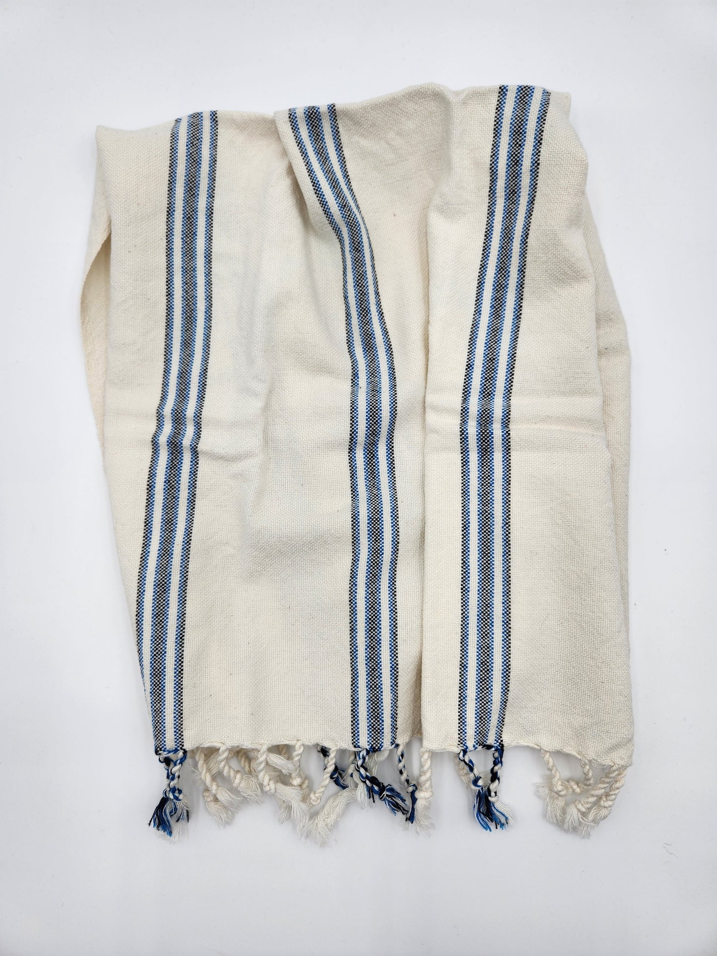 Handwoven Blue & Black Striped Cotton Towel with Tied Ends