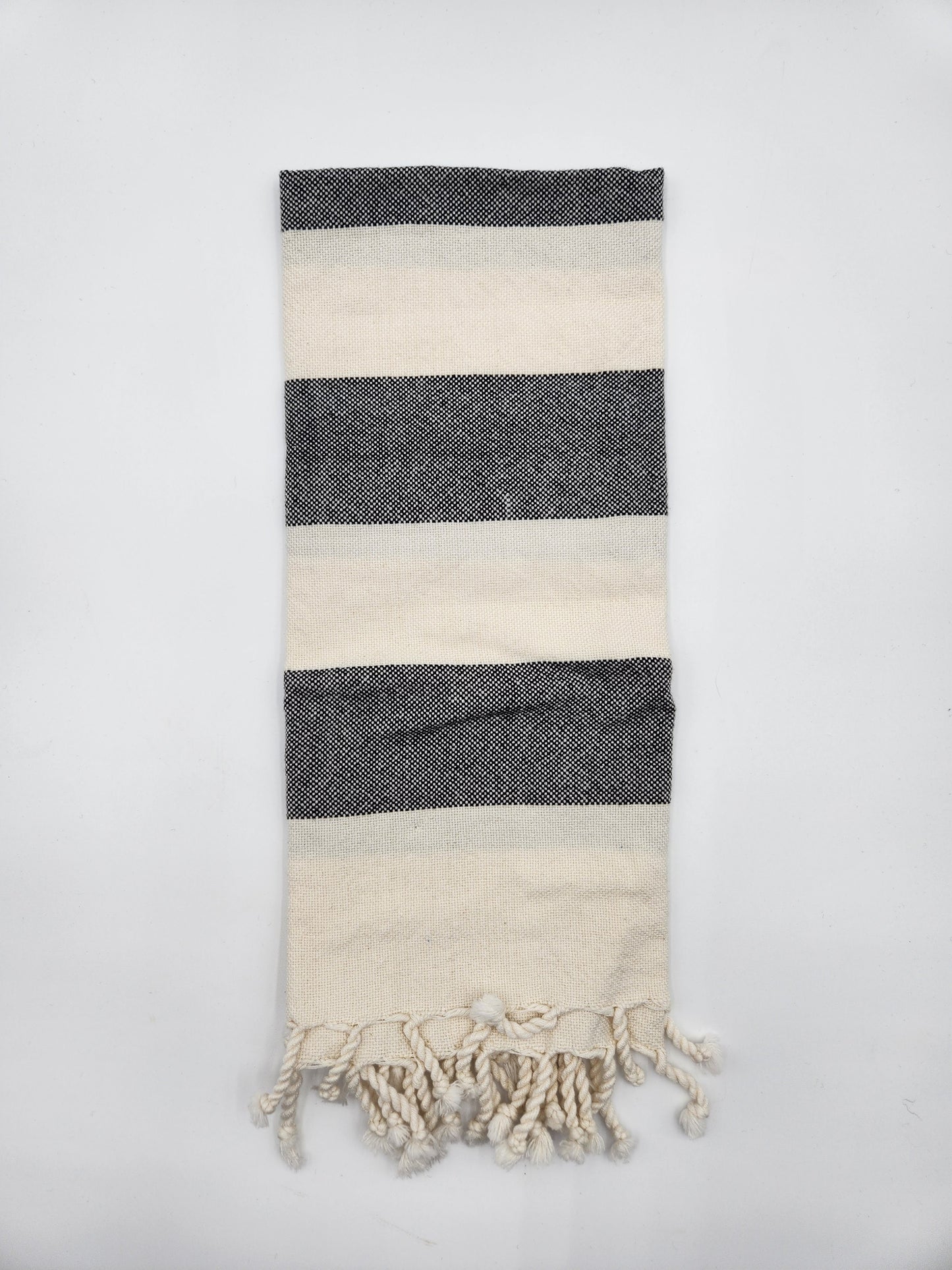 Handwoven Black & White Cotton Towel with Tied Ends