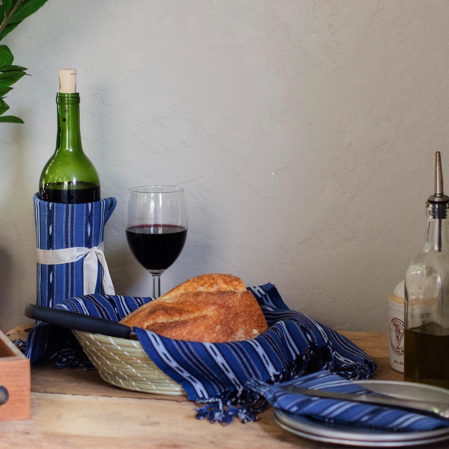 Unique Handwoven Cloth Dinner Napkins, Blues with Ikat, Set 4