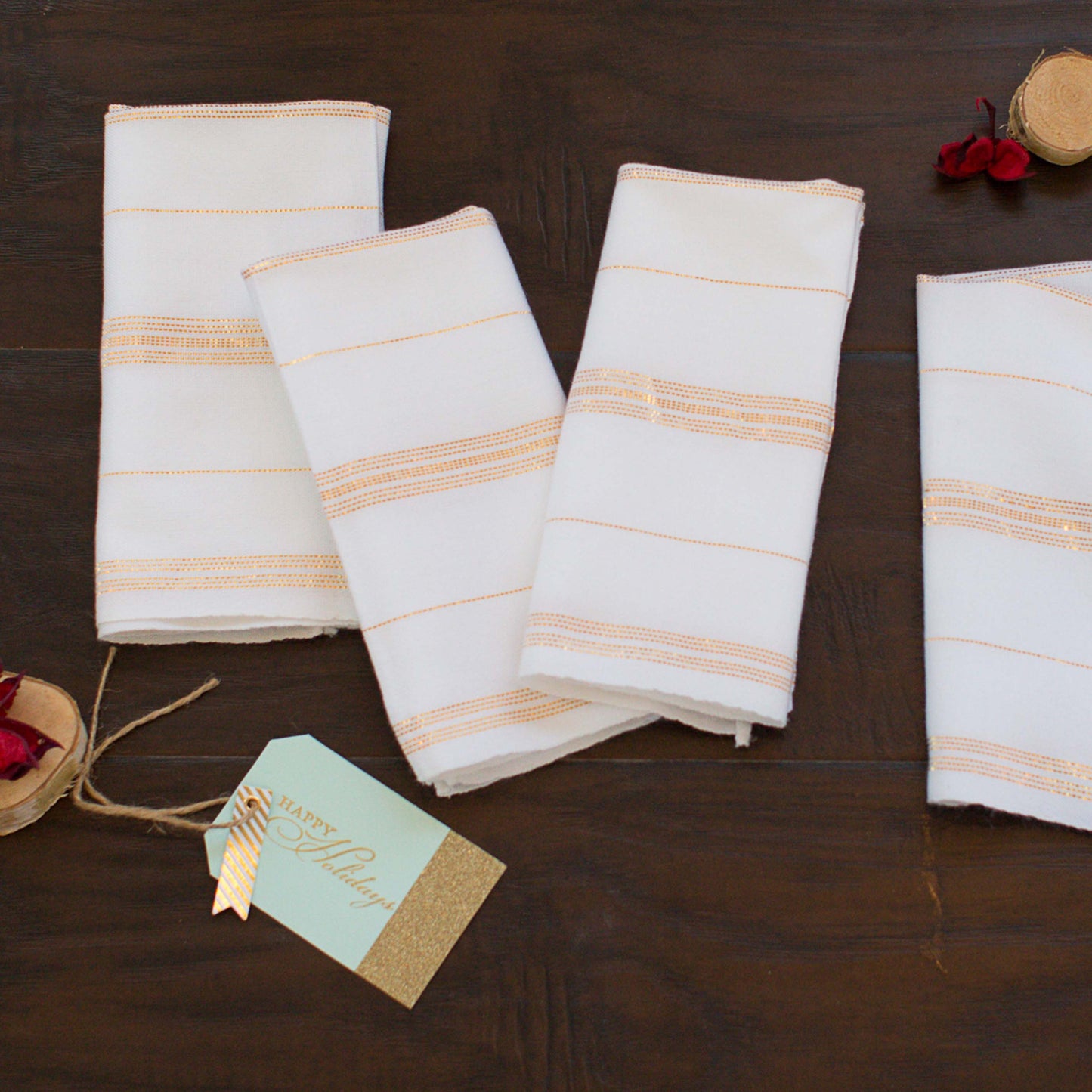 Handwoven, White Dinner Napkins, Gold Accents, Sustainable, Ethically Made, Set 4