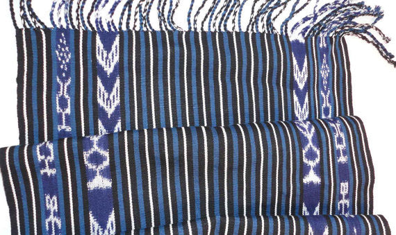 Indigo and Ikat Table Runner, Handwoven, Fair Trade, Mayan Design