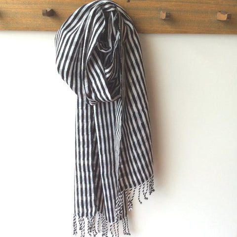 Backstrap loom woven black white scarf, eco