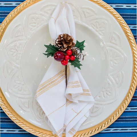 Handwoven, White Dinner Napkins, Gold Accents, Sustainable, Ethically Made, Set 4