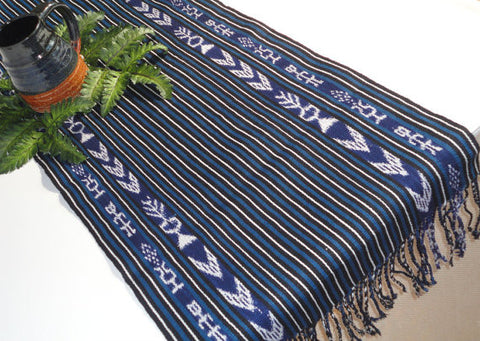Indigo and Ikat Table Runner, Handwoven, Fair Trade, Mayan Design