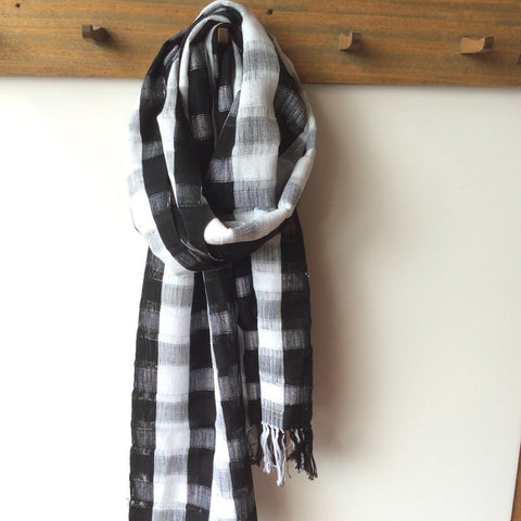 Unisex Black White Plaid Scarf, Eco Fair Trade