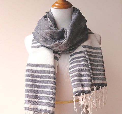 Ethical Fashion Scarf, Handwoven, Gray Or Navy, Unisex