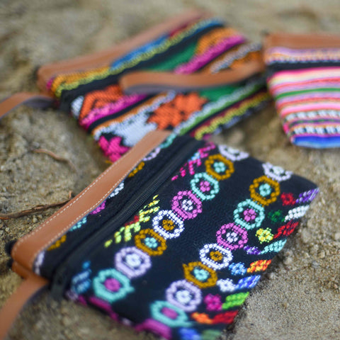 Eco Wristlet Wallet Bag, Leather & Upcycled Fabric