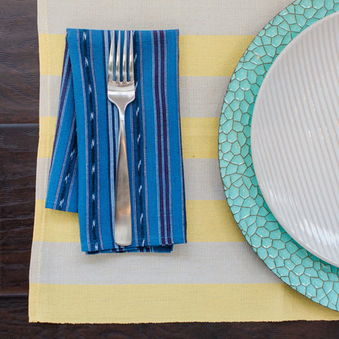 Unique Handwoven Cloth Dinner Napkins, Blues with Ikat, Set 4